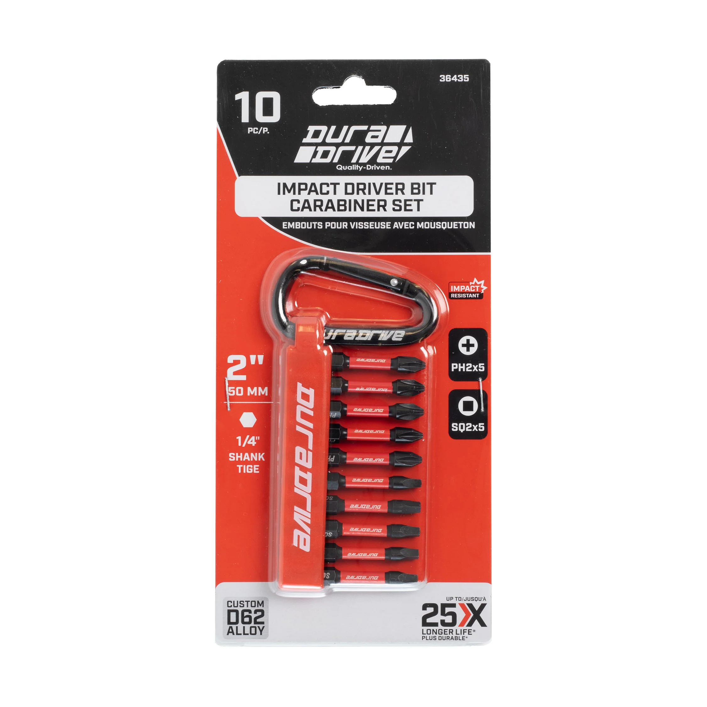 DuraDrive 2" PH2 & SQ2 Carabiner Impact Driver Bit Set (10-Pieces) - Image 2