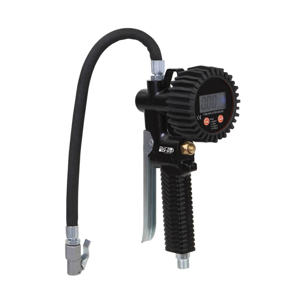 DuraDrive Digital Tire Inflator Gauge Air Hose Fitting for Cars with 12 in. Flexible Hose & Straight
