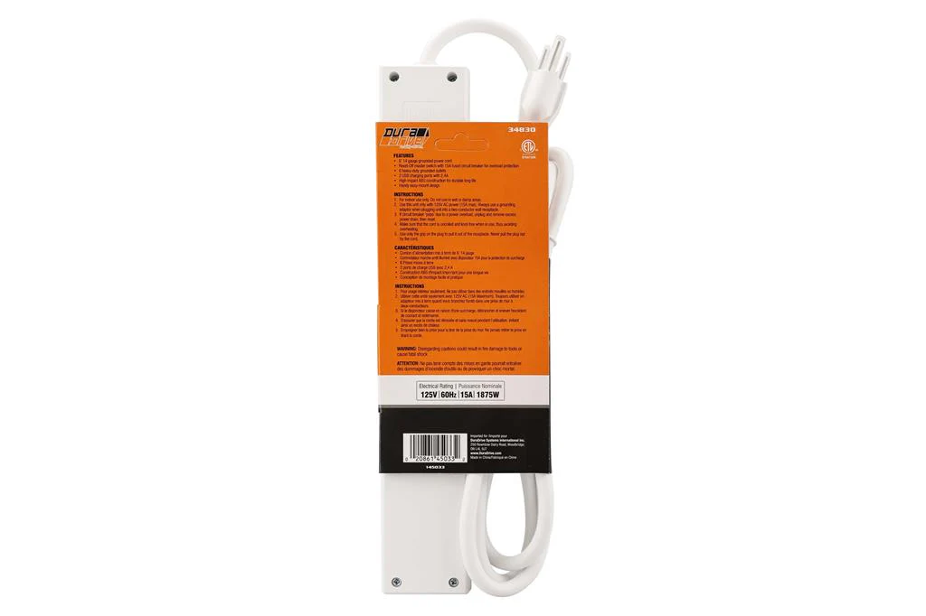 DuraDrive 6 ft 6 Outlets 270 Joules Surge Protection Power Bar with 2 USB Charging Port - Image 5