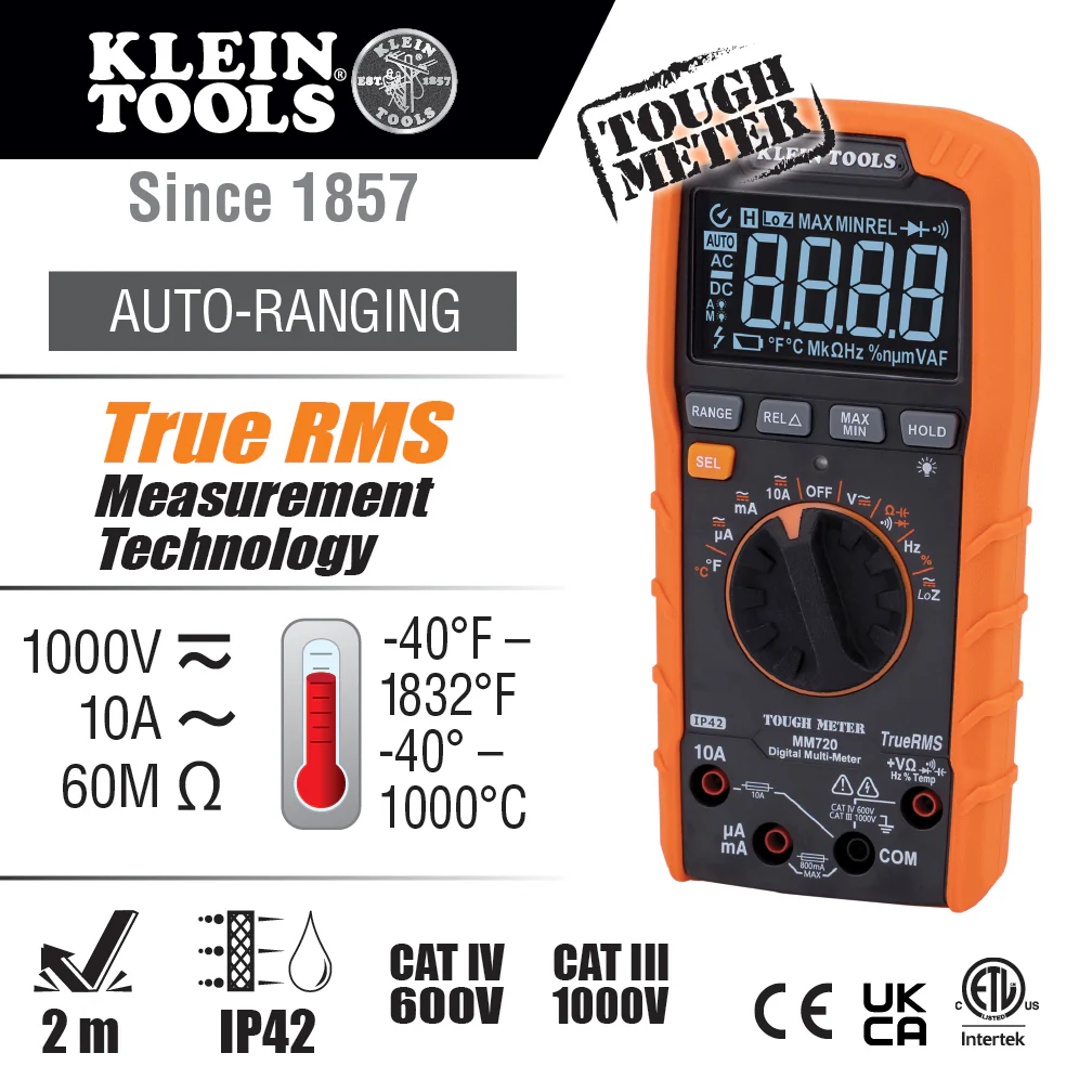 Klein MM720 Digital Multimeter TRMS Auto-Ranging 1000V Temp Low Impedance - Image 9