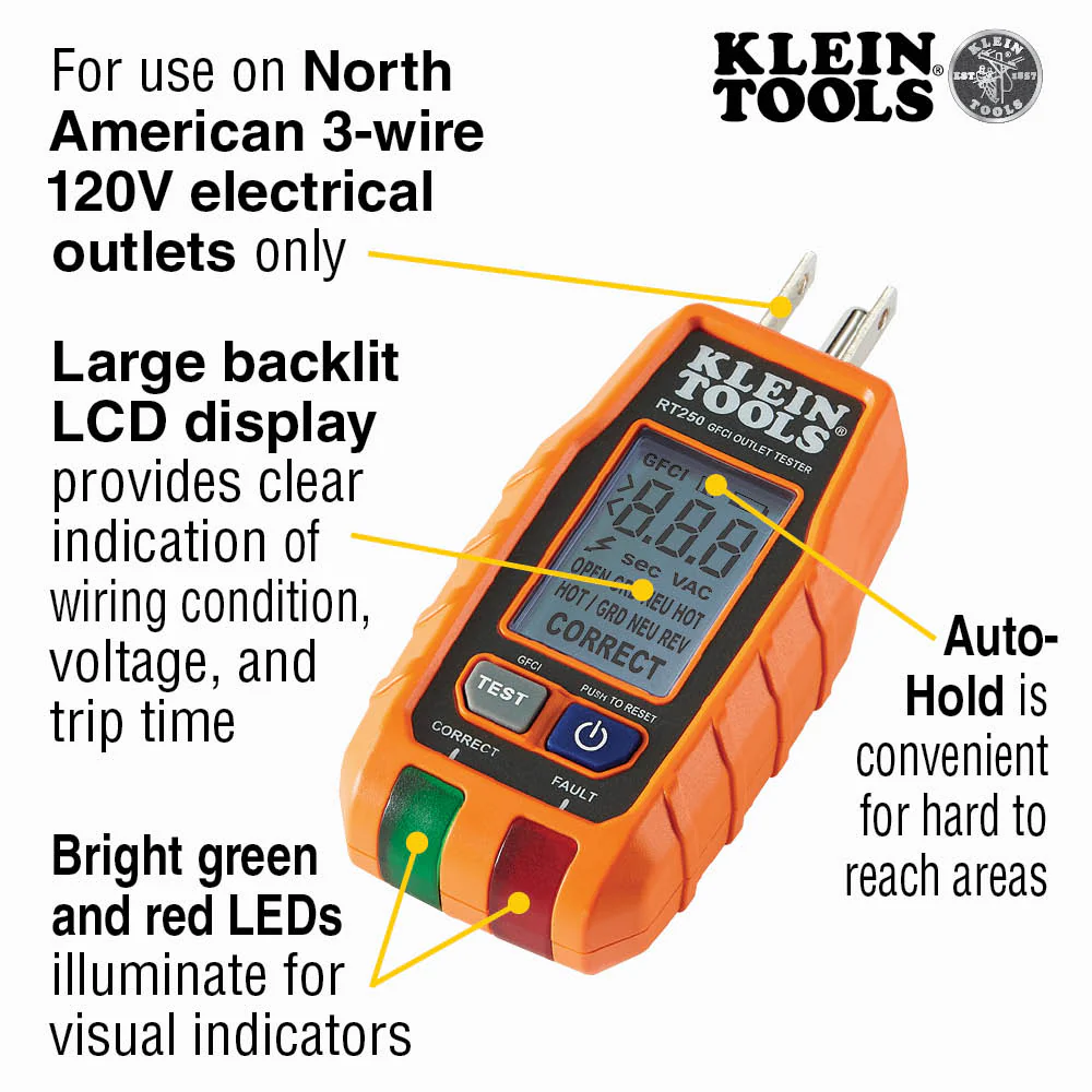 Klein RT250 GFCI Receptacle Tester With LCD - Image 12