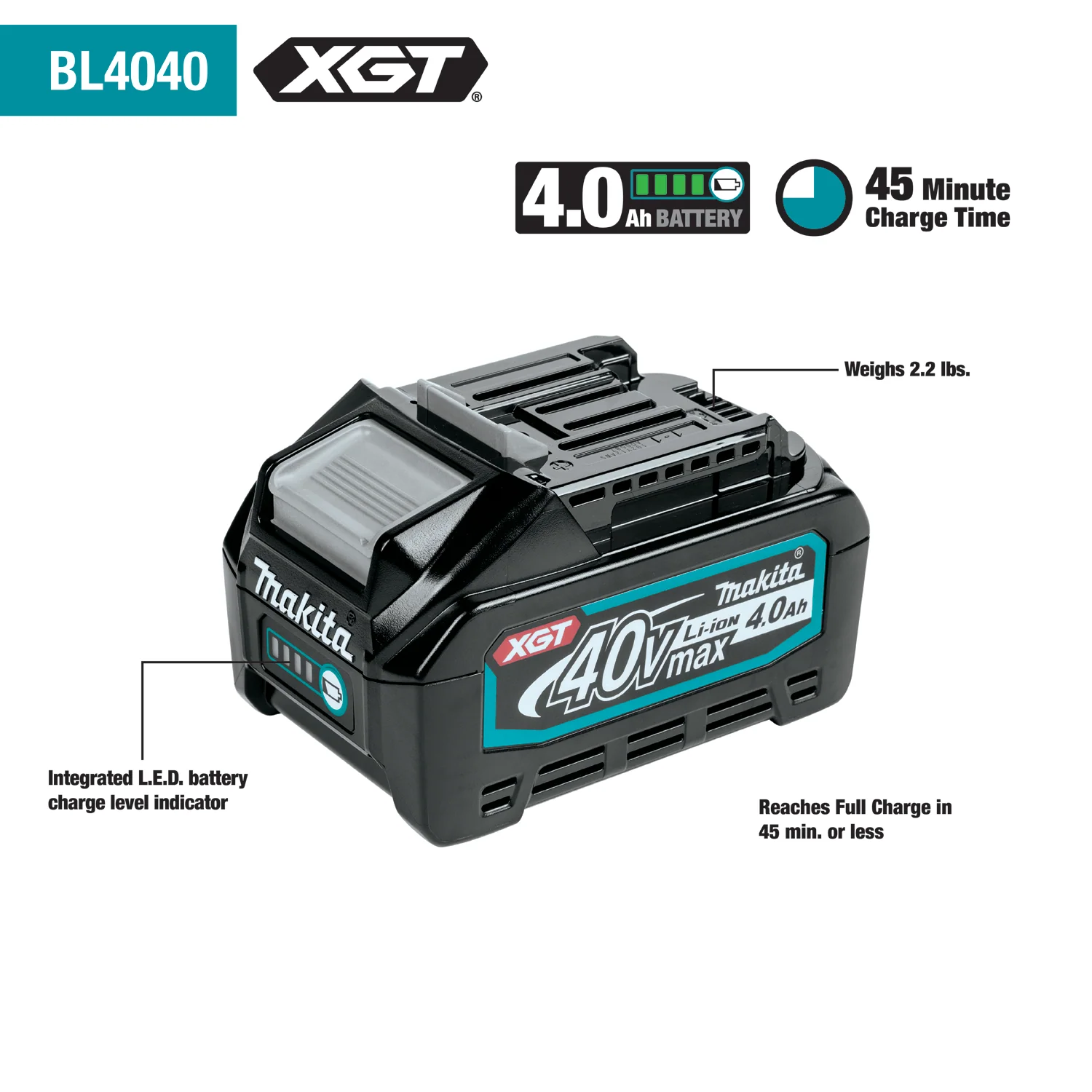 Makita BL4040-2 XGT® Lithium-Ion 4 Ah 40 V Rechargeable Battery Pack - Image 2