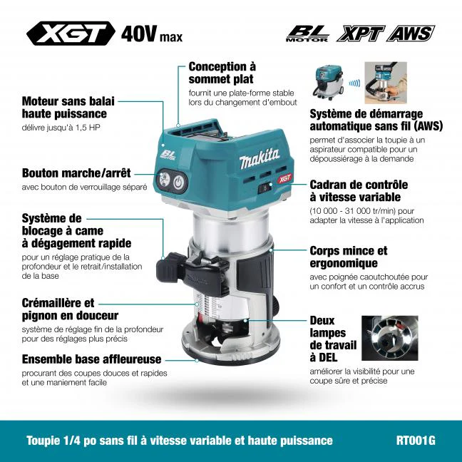 MAKITA RT001GZ01 40Vmax XGT Brushless Router with AWS (Tool Only) - Image 12