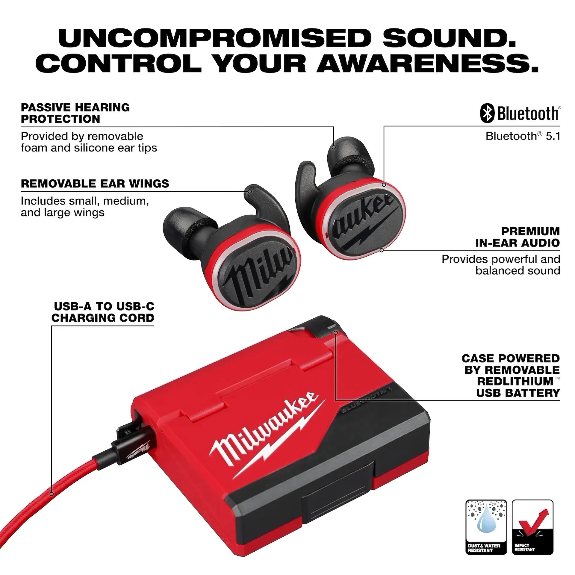 Milwaukee 2191-21 REDLITHIUM USB Bluetooth Jobsite Ear Buds - Image 3
