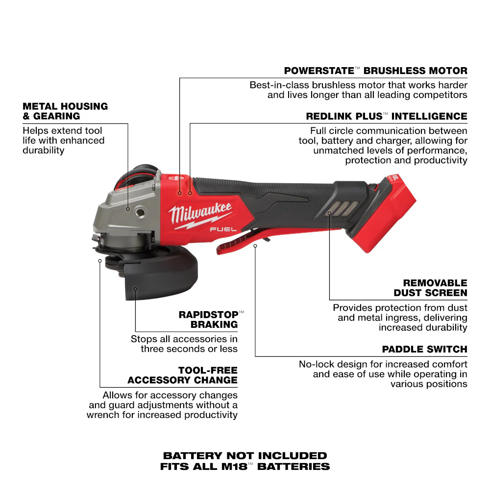 MILWAUKEE 2888-20 M18 FUEL VS, BRAKING GRINDER, PADDLE BARE 5 Inches - Image 6