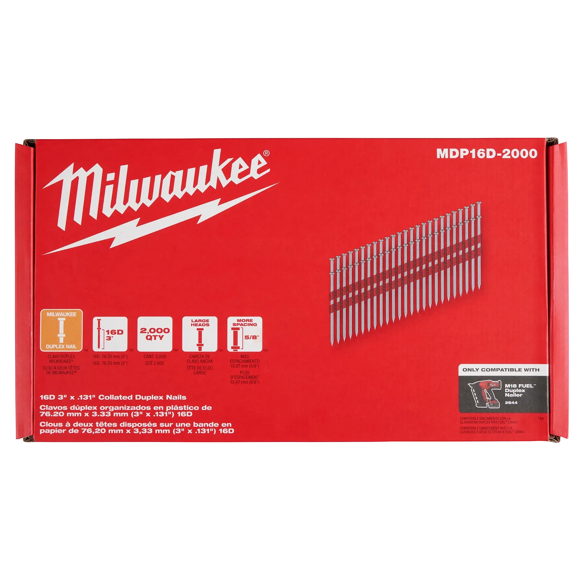 Milwaukee MDP16D-2000 3 in (Drivable) 3-5/8 in (Total) Steel Bright Duplex Nails - 2000/Pack - Image 3