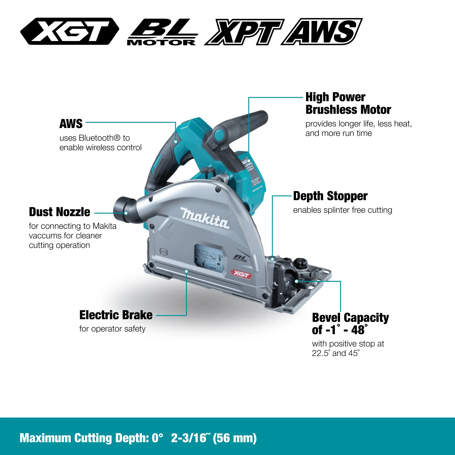 MAKITA SP001GZ05 40Vmax XGT Brushless Plunge Cut Circular Saw with AWS, Rail (Tool Only) - Image 2